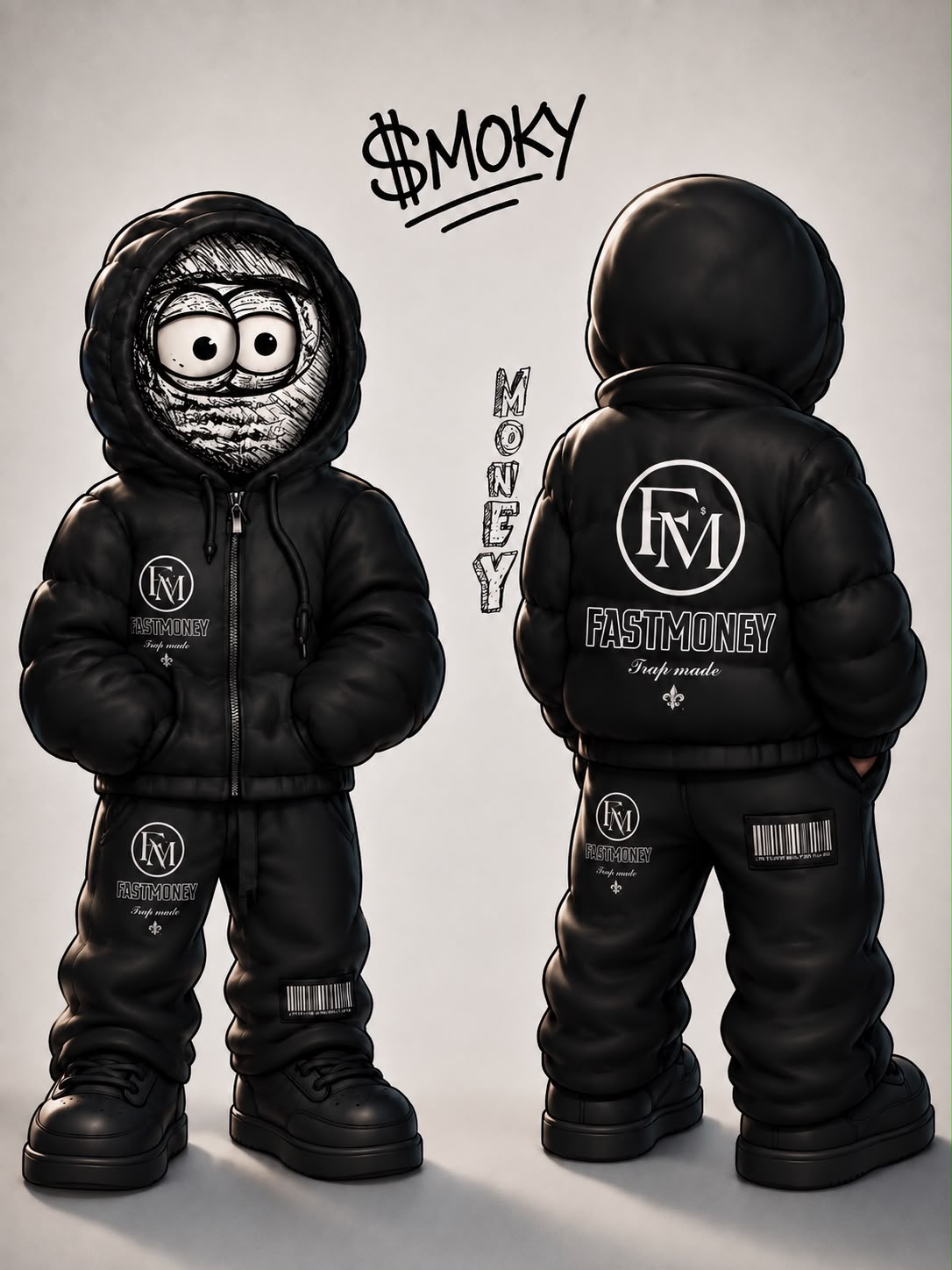 Personaje Fast Money vestido de negro, vista frontal y posterior