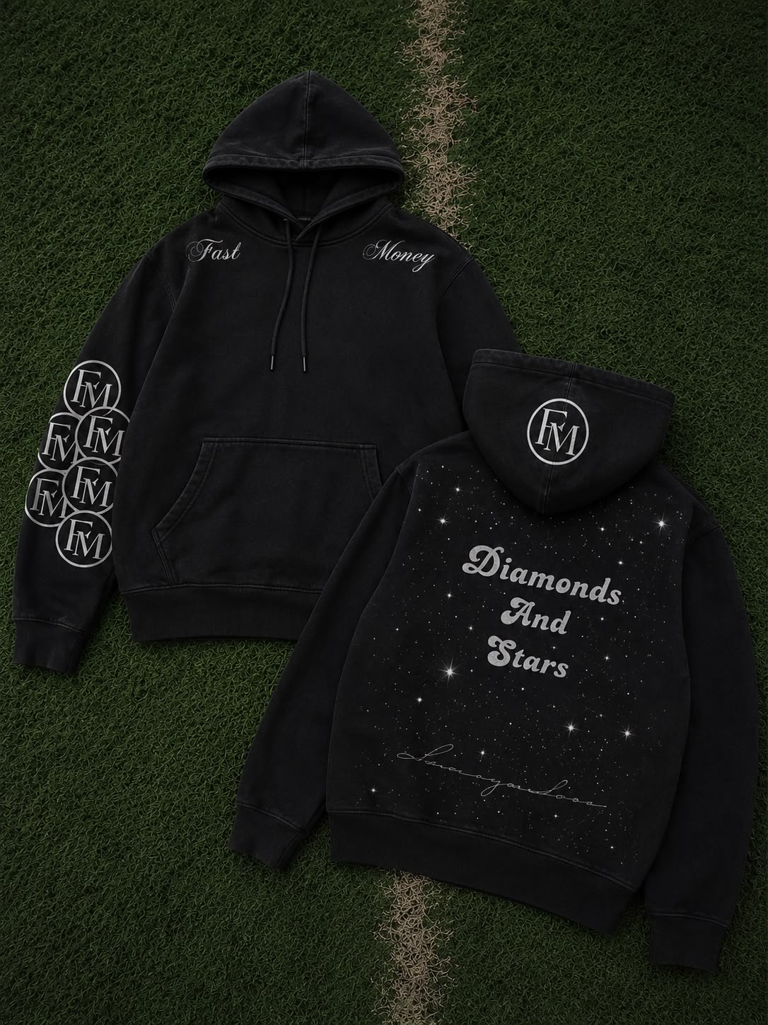 Hoodie Diamonds And Stars negro, frente y espalda