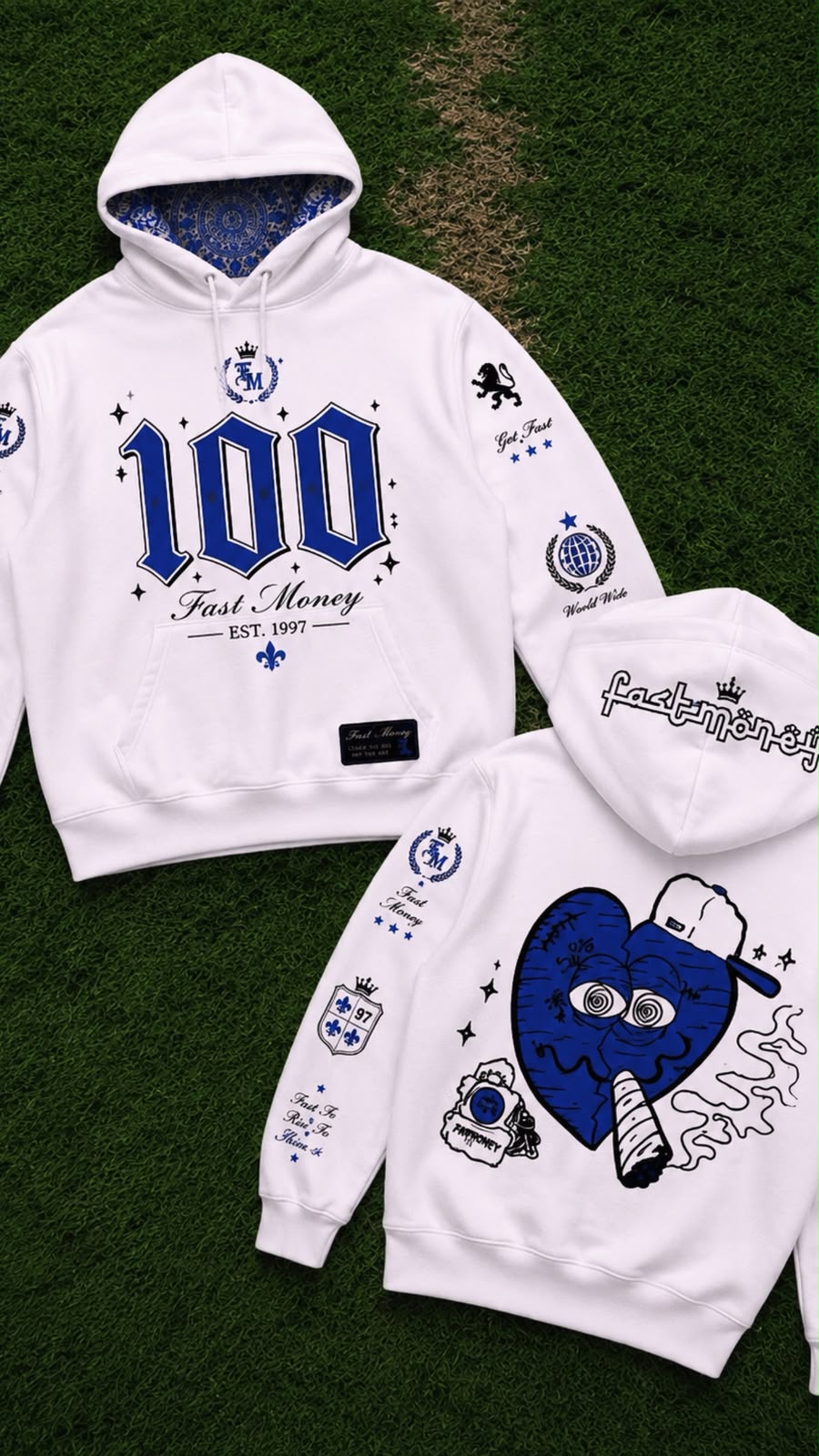Hoodie 100 Fast Money blanco, frente y espalda